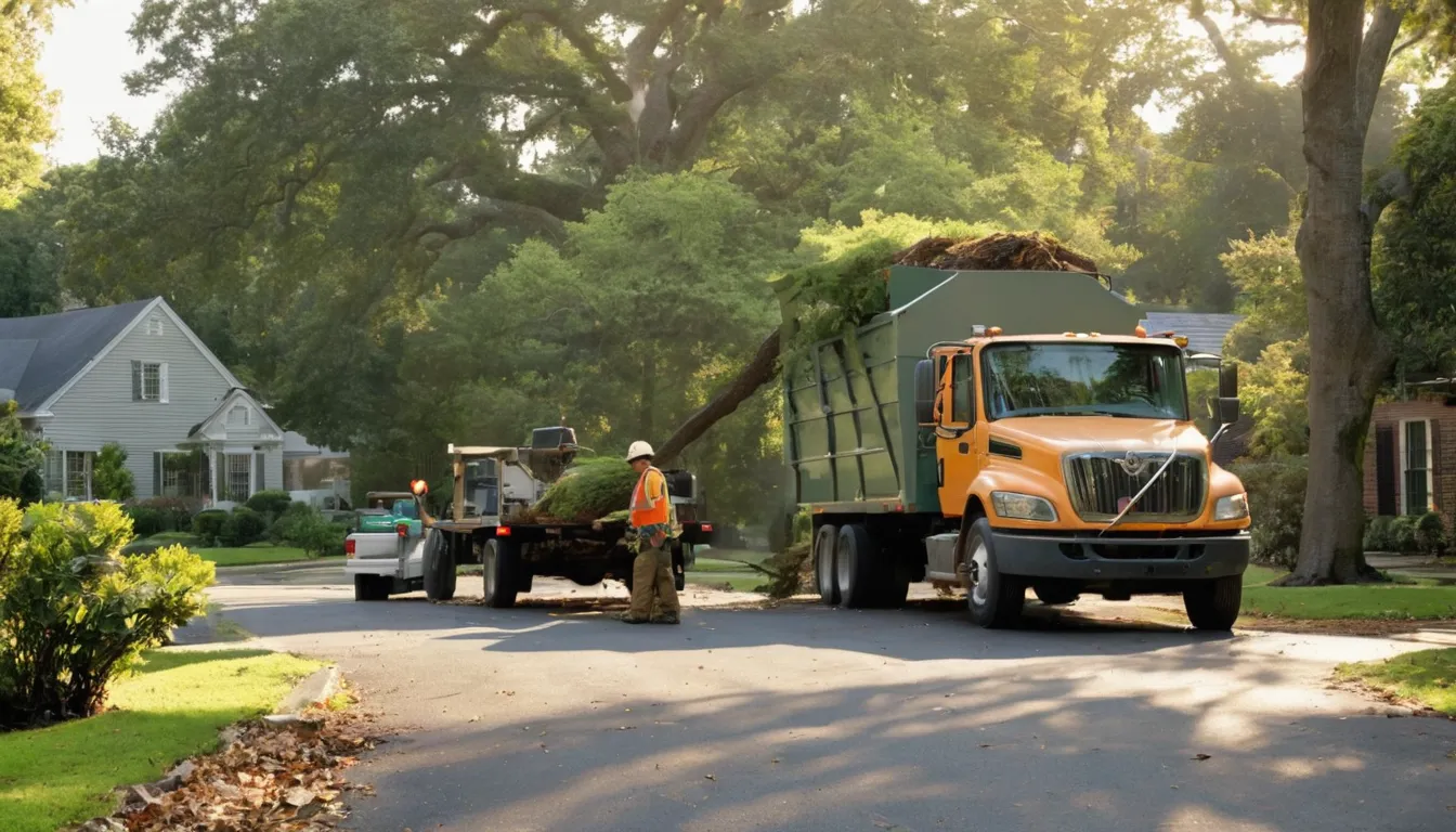A tree removal provider working safely beside a home in Middletown