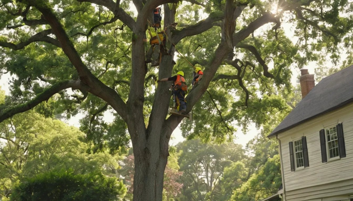 A local tree removal provider cutting a large backyard tree in sections near a home in Middletown